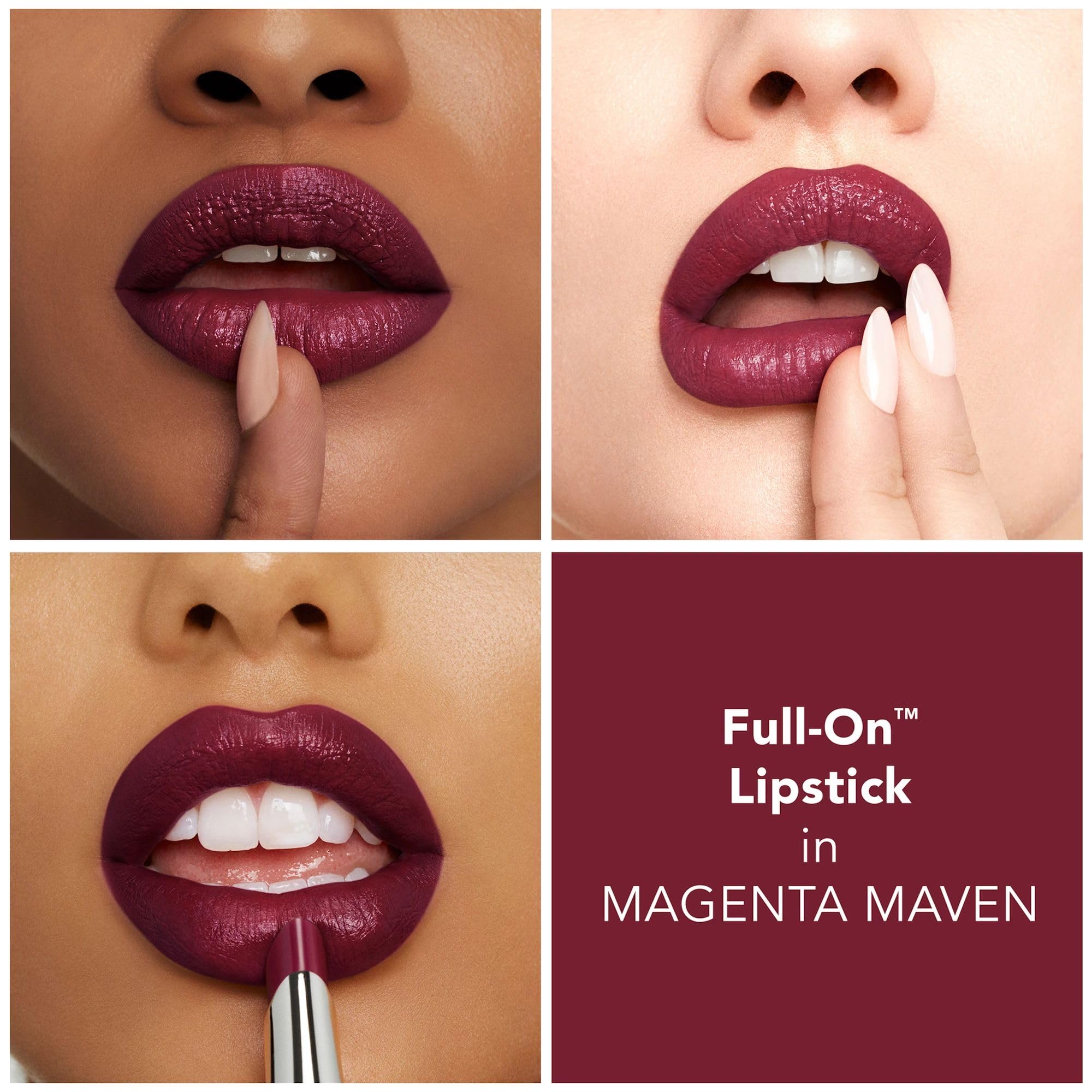 Buxom Magenta Maven lipstick with hydrating formula for comfortable wear and subtle tingling.