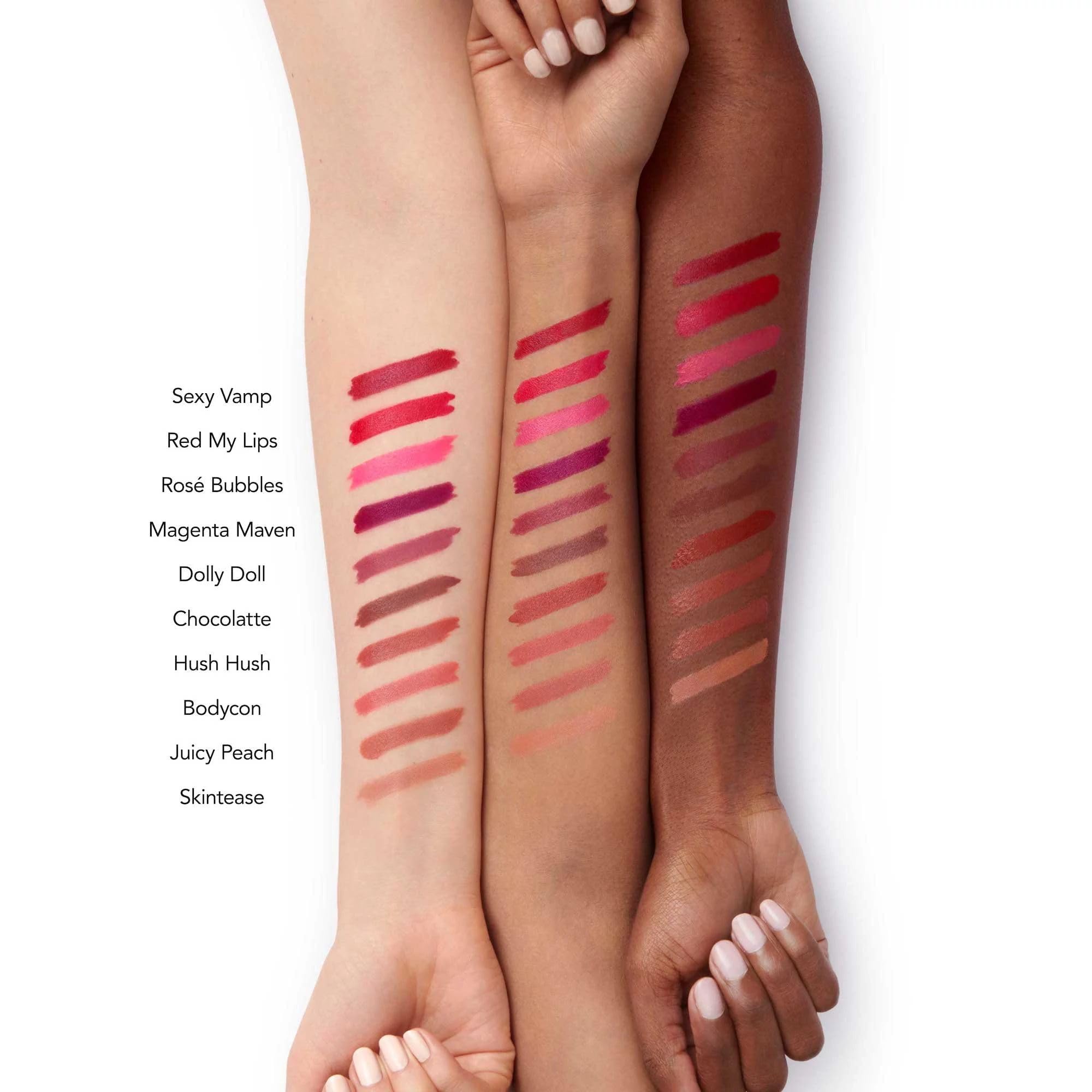 Buxom Full-On Plumping Satin Lipstick highlights definition with long-lasting color.