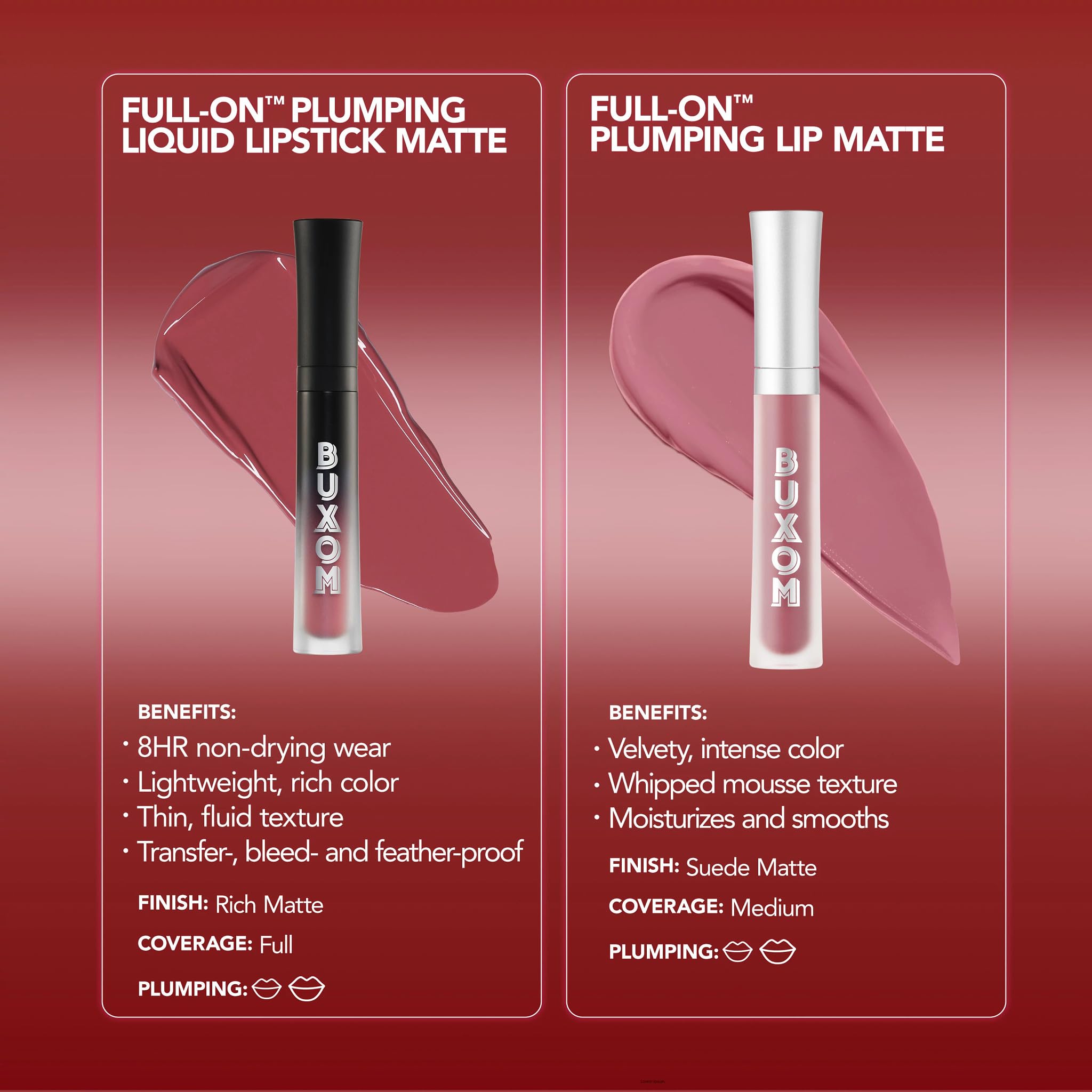 Buxom formula with hyaluronic acid providing smooth pout.
