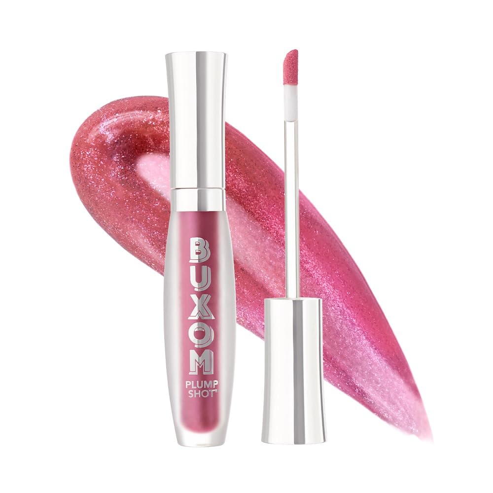 Buxom Plump Shot Peptides lip serum tube close-up showing sleek packaging and plumping action