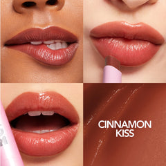 BUXOM Full-On Lip Glow Balm Cinnamon Kiss application demonstrates fuller-looking lips
