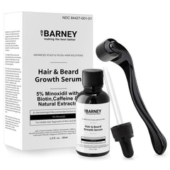 BY BARNEY minoxidil serum bottle highlights thicker, fuller-looking hair.