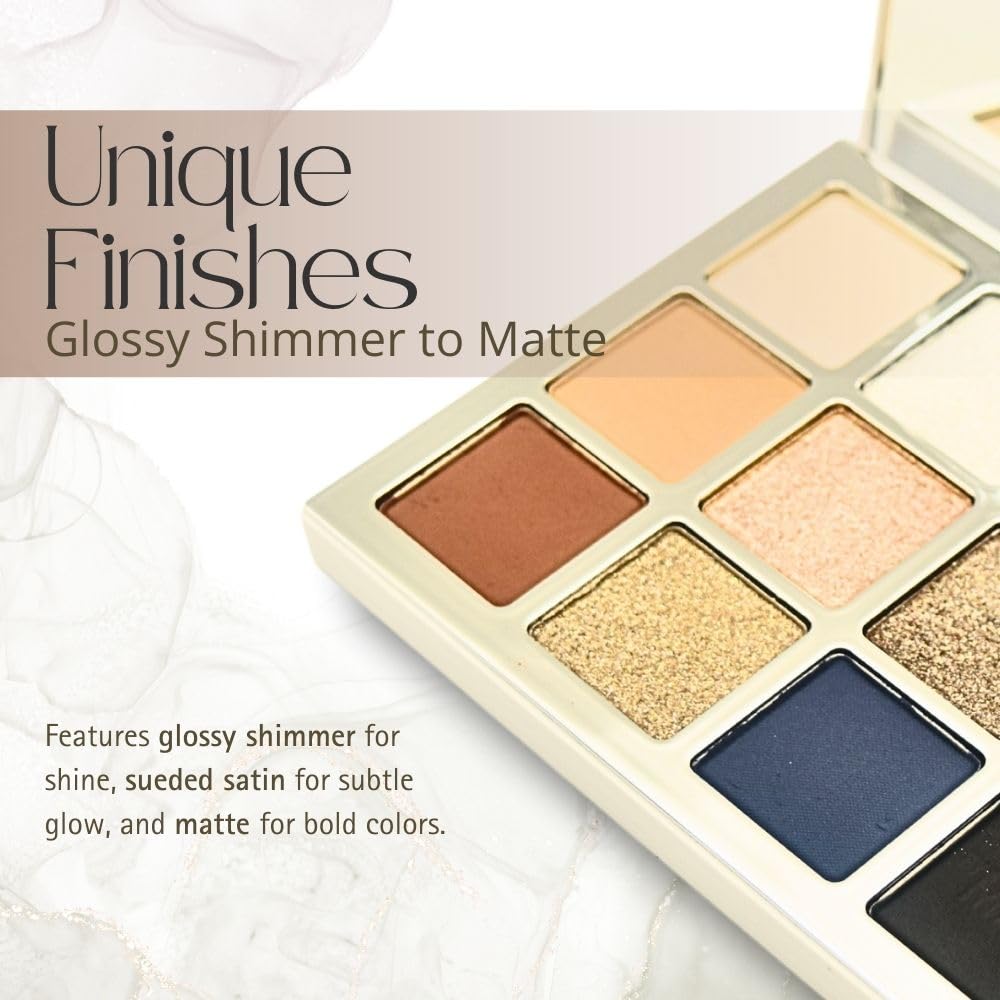 Close-up swatch row shows pigment payoff and smooth blendability.
