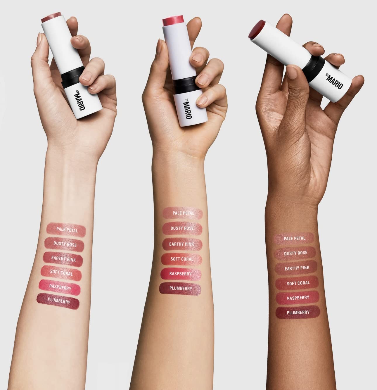 BY MARIO Soft Pop Blush Stick Pale Petal swirl on skin shows creamy blend.