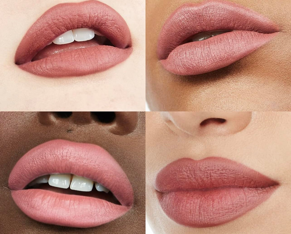 BY MARIO Ultra Suede Lipstick on lips demonstrating long-lasting, soft matte finish.
