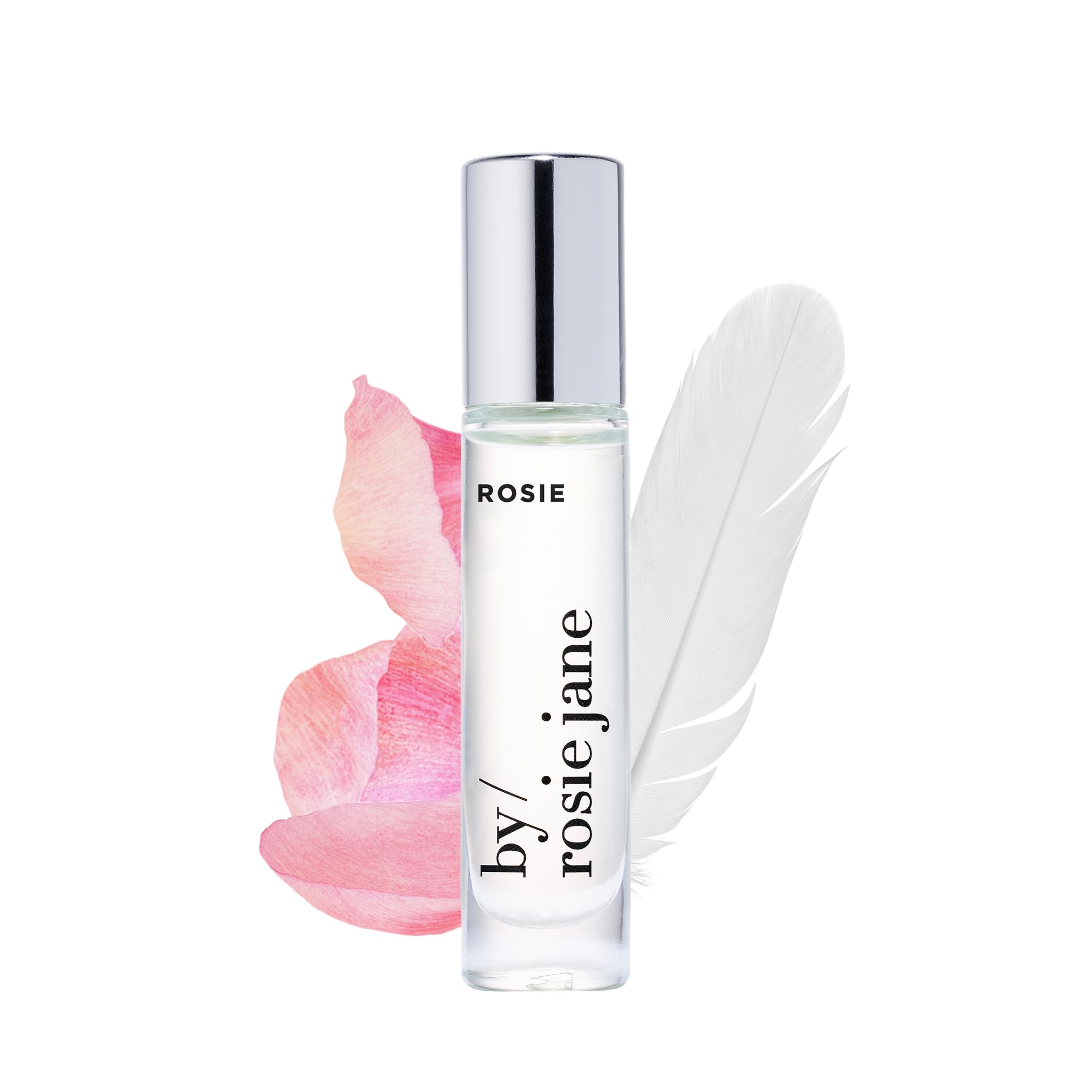 By Rosie Jane Rosie perfume oil roll-on, travel-size convenience and white musk rose notes.