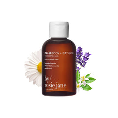 By Rosie Jane Calm Bath Oil bottle front shows soothing, hydrating formula.
