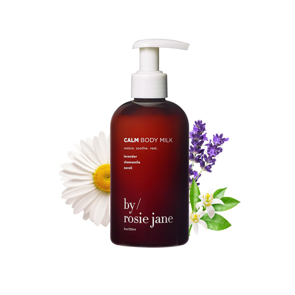 By Rosie Jane Calm Body Milk bottle ready for daily hydration.