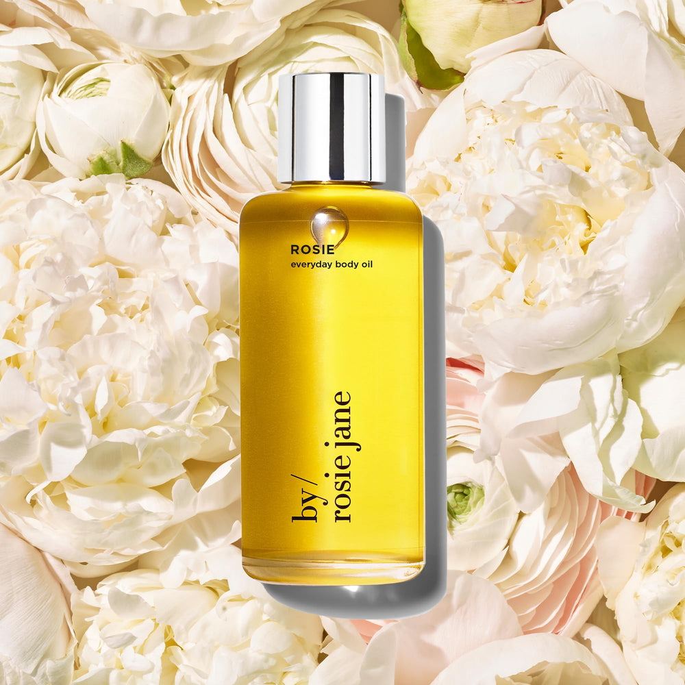 By Rosie Jane Everyday Body Oil infused with rosehip oil to illuminate skin.