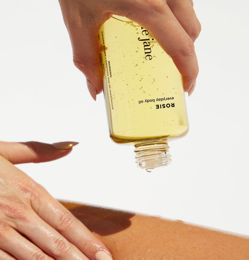 By Rosie Jane Everyday Body Oil with sweet rose for a light fragrance.