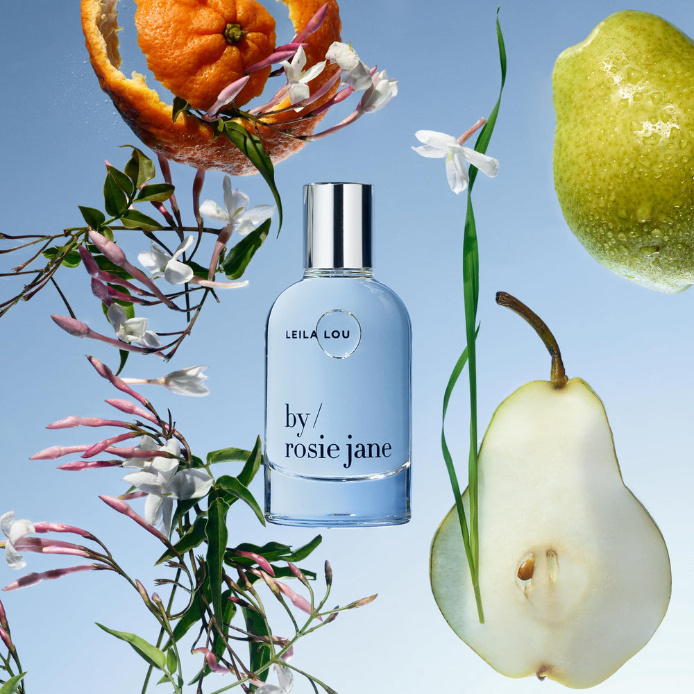 By Rosie Jane Leila Lou label close-up, premium packaging signals refinement.