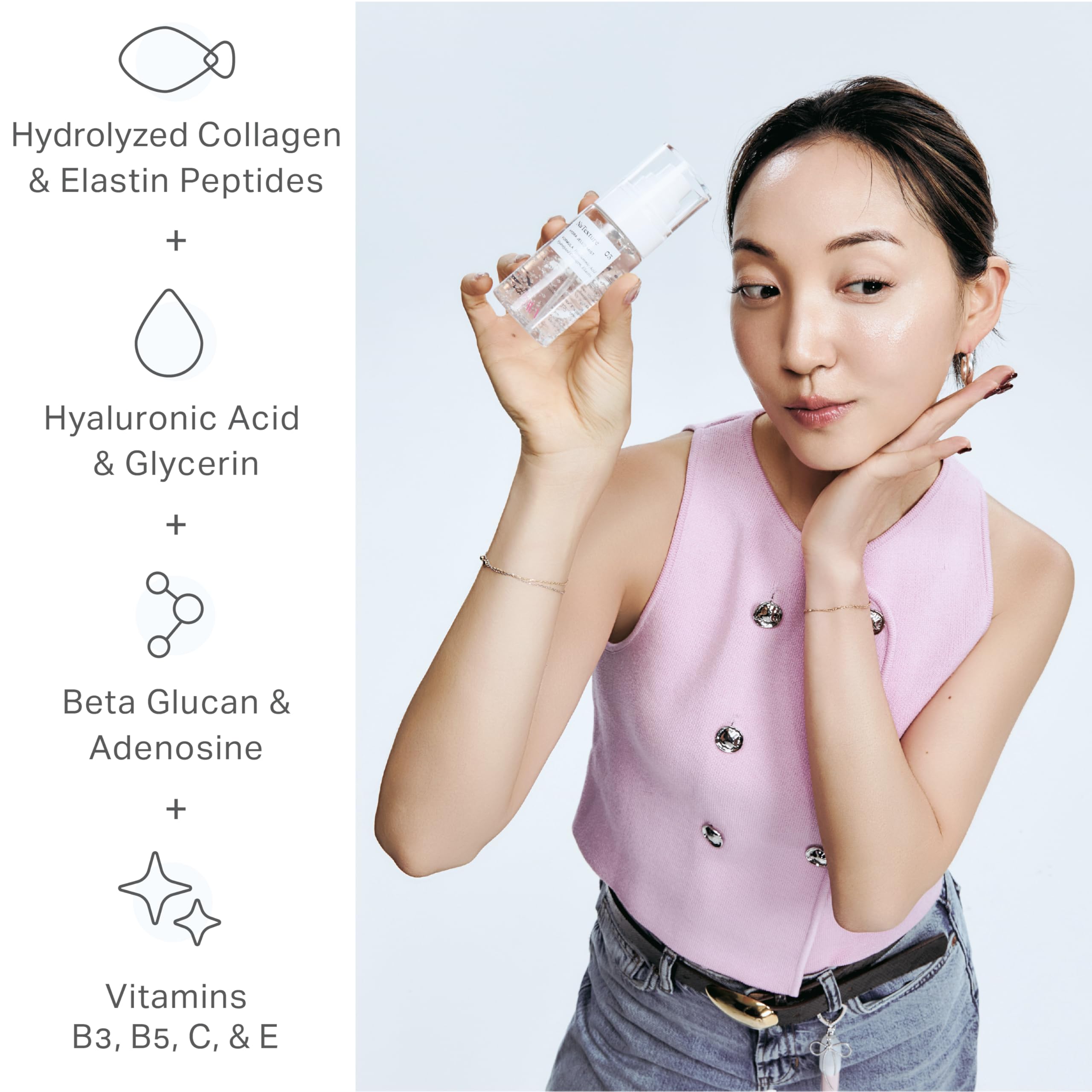 byAVA Jelloskin mist application on cheek demonstrates refreshing hydration and glow.
