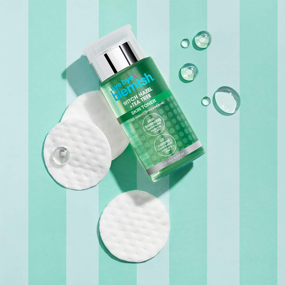 Bye Bye Blemish ingredients panel emphasizes Witch Hazel and Tea Tree benefits.