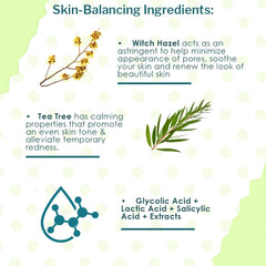Bye Bye Blemish Witch Hazel Tea Tree blend panel shows natural ingredients supporting calm skin.