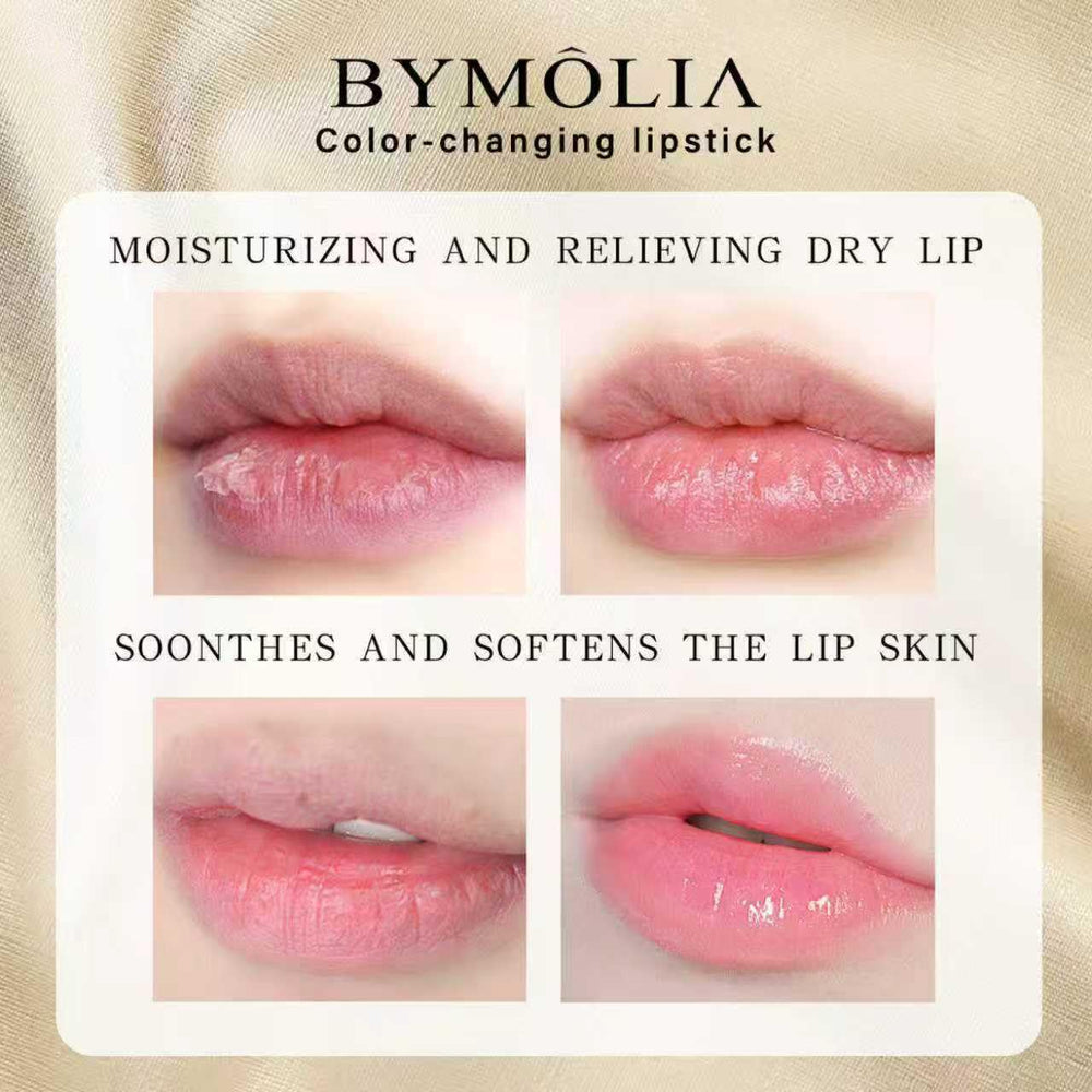 BYMOLIA Transferproof Lipstick lip swatch shows adaptive tint blending naturally