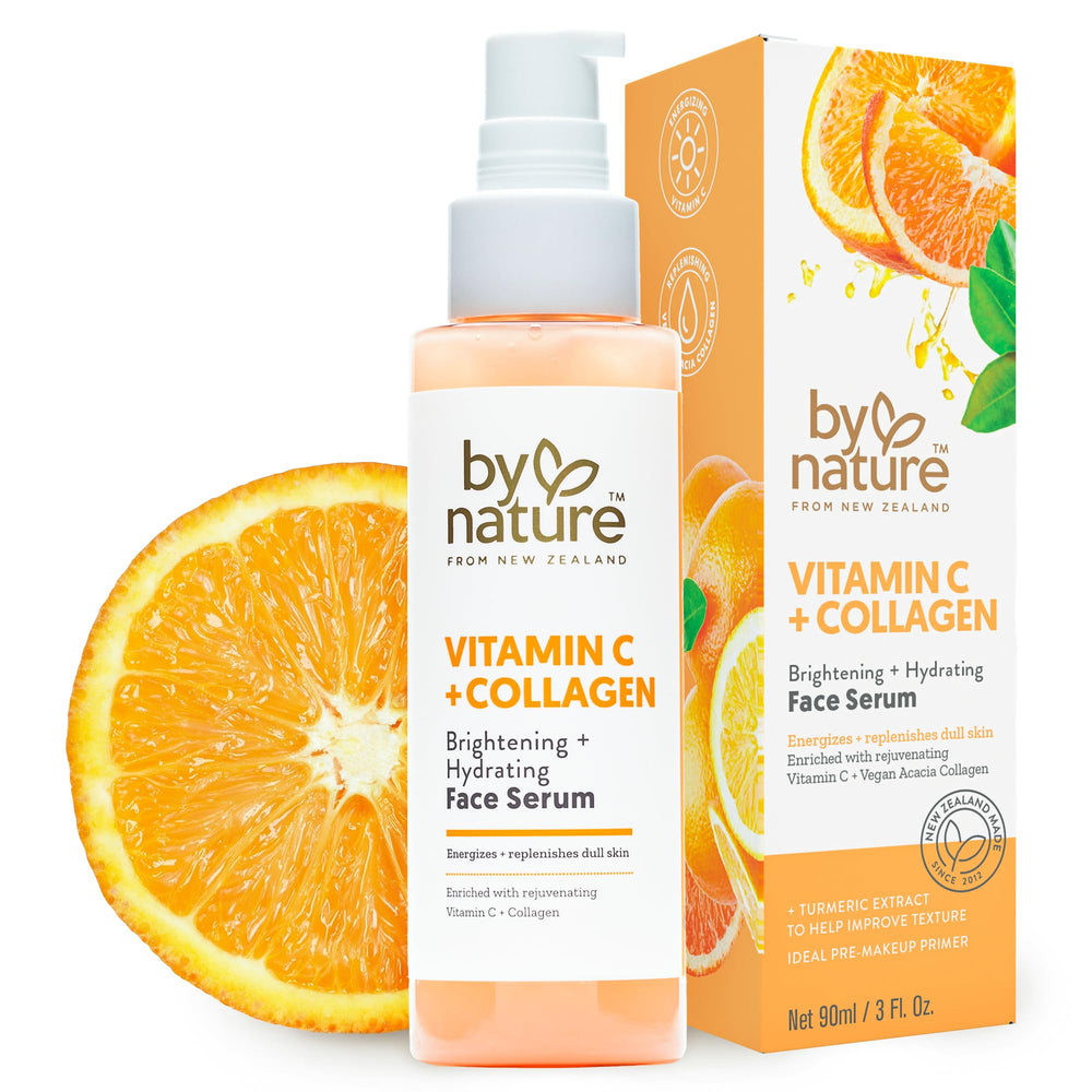 By Nature Vitamin C + Collagen Serum bottle for brightening and hydrating skin.