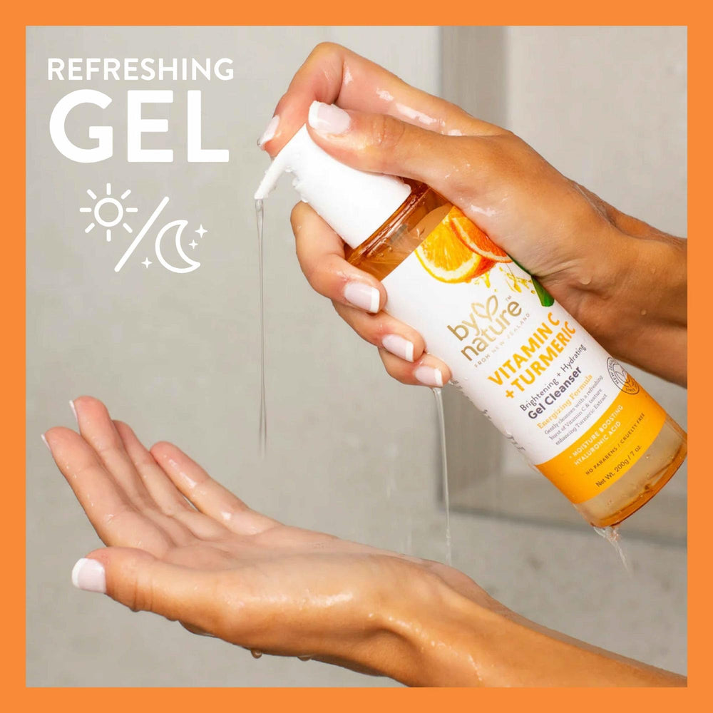 By Nature Vitamin C Turmeric Gel Cleanser foaming texture creates refreshing lather for oily skin.