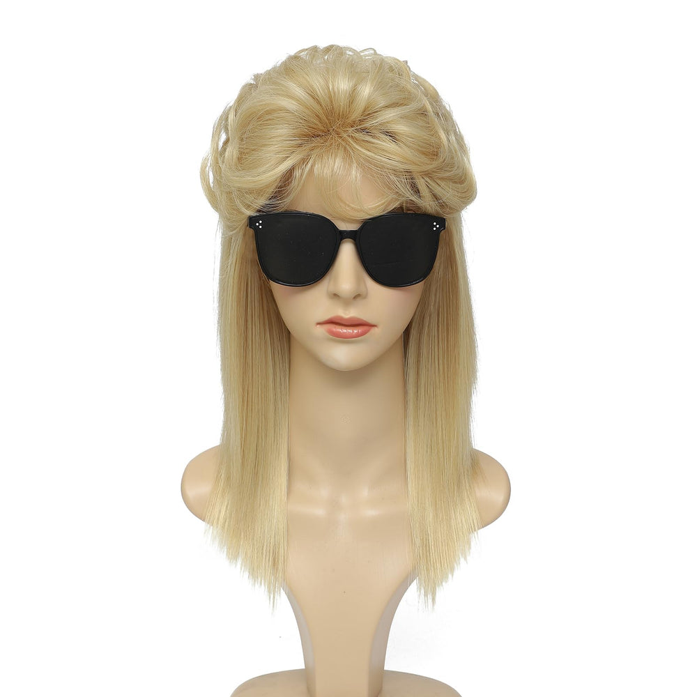 ByouByou 80s mullet wig light blonde, close-up texture highlights synthetic fiber sheen