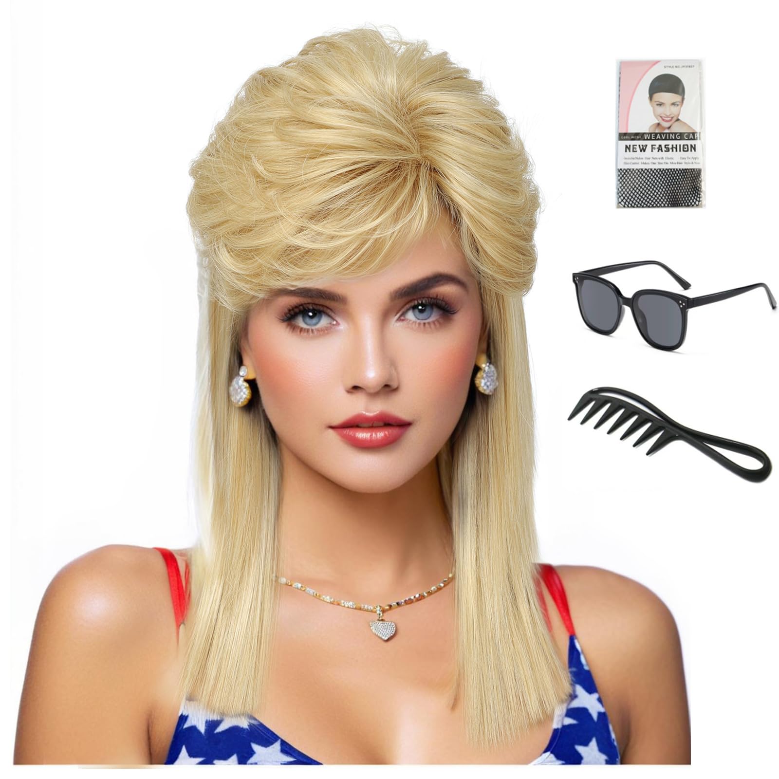 ByouByou 80s mullet wig light blonde, front view shows dramatic rocker silhouette for cosplay