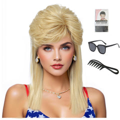 ByouByou 80s mullet wig light blonde, front view shows dramatic rocker silhouette for cosplay