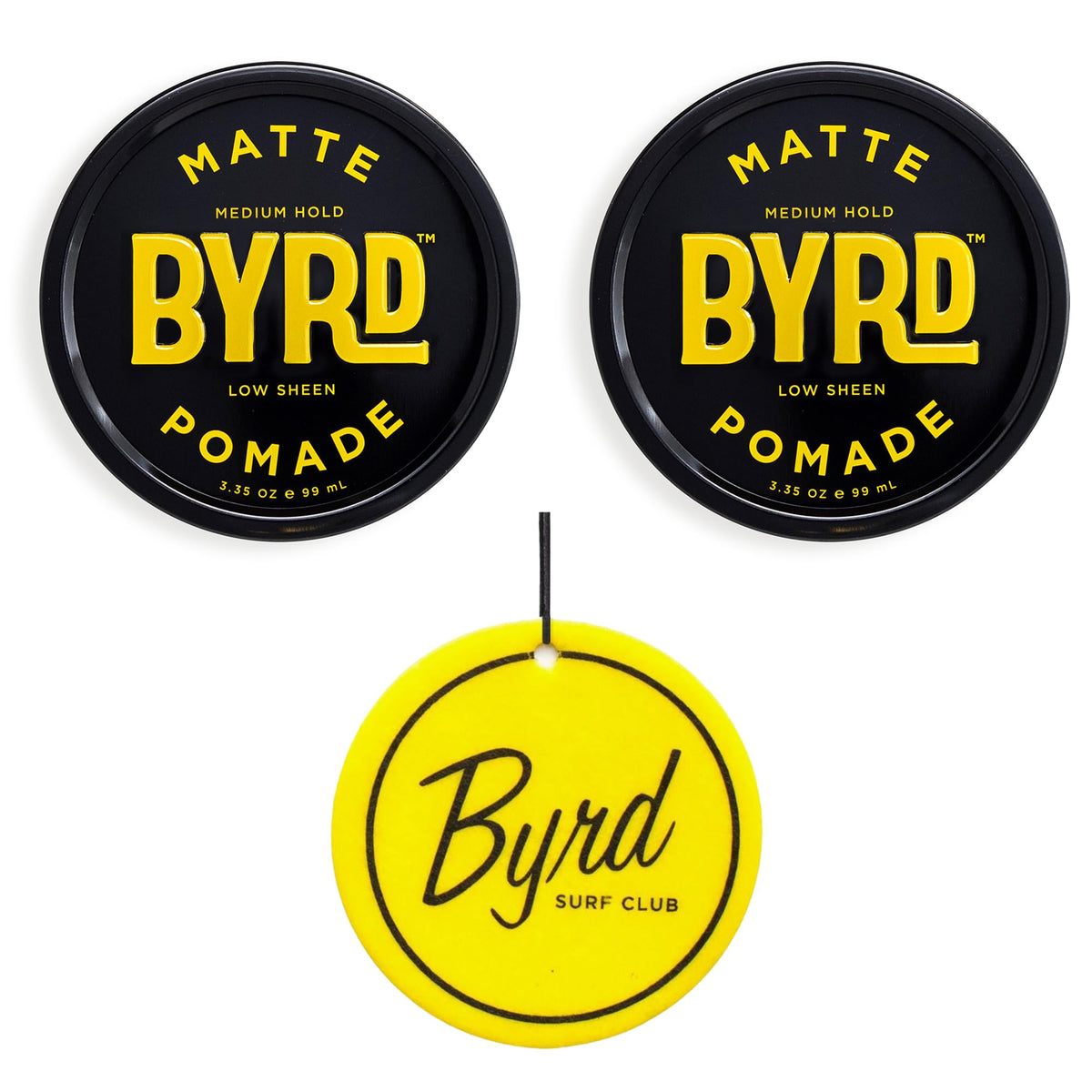 BYRD Hairdo Matte Pomade 2-pack jars closeup showing texture for versatile styling.