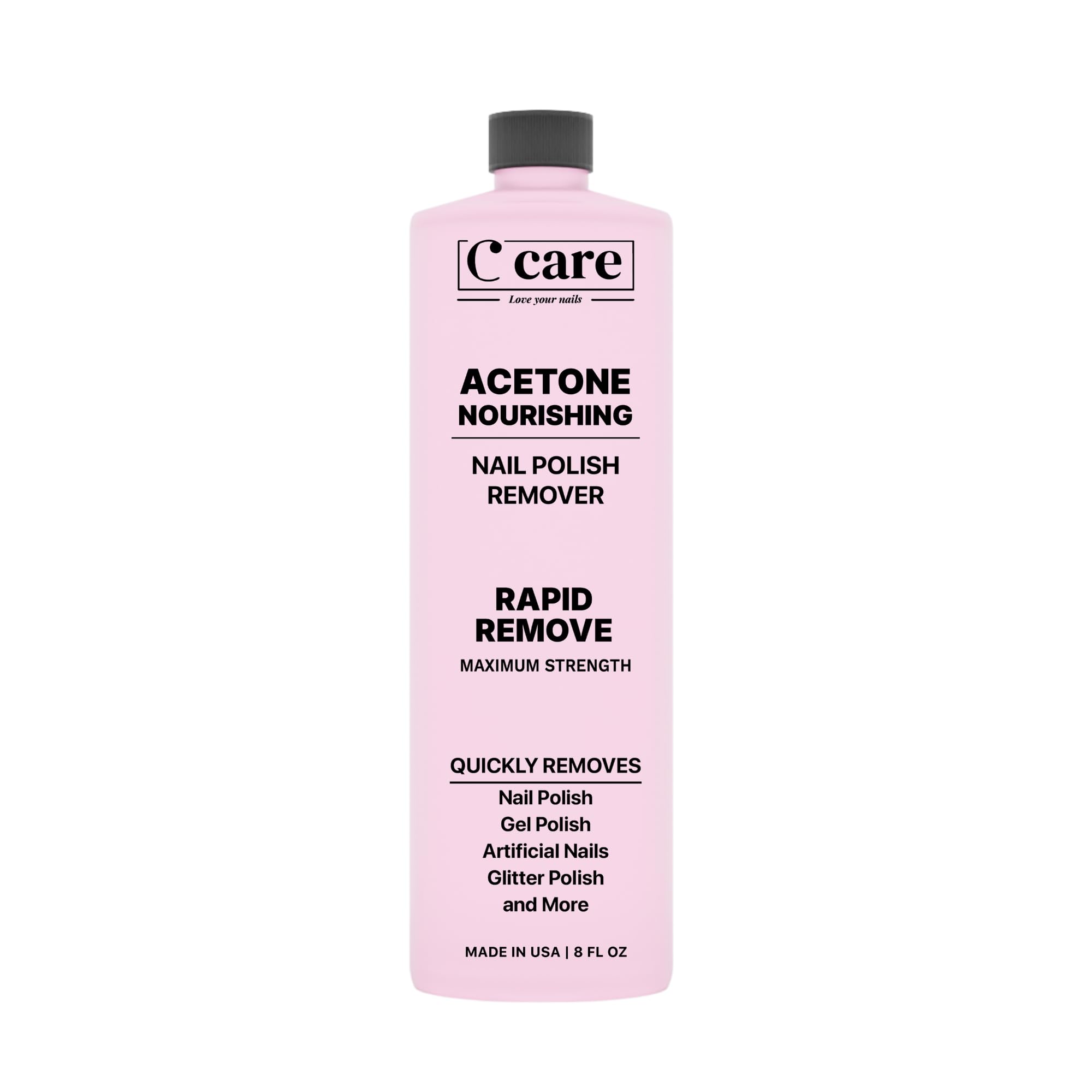 C CARE Nourishing Acetone Nail Polish Remover bottle close-up for quick polish removal.
