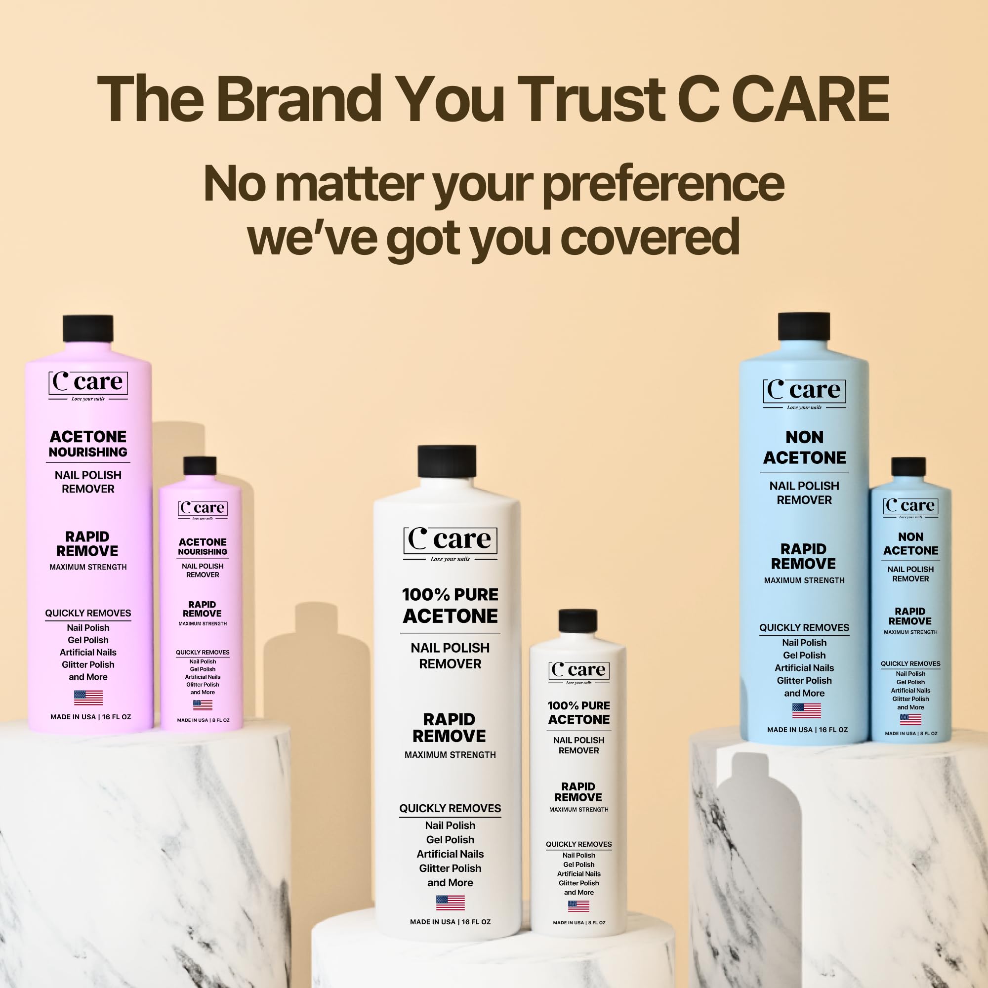 C CARE Nourishing Acetone Nail Polish Remover on glass surface showing residue-free finish.