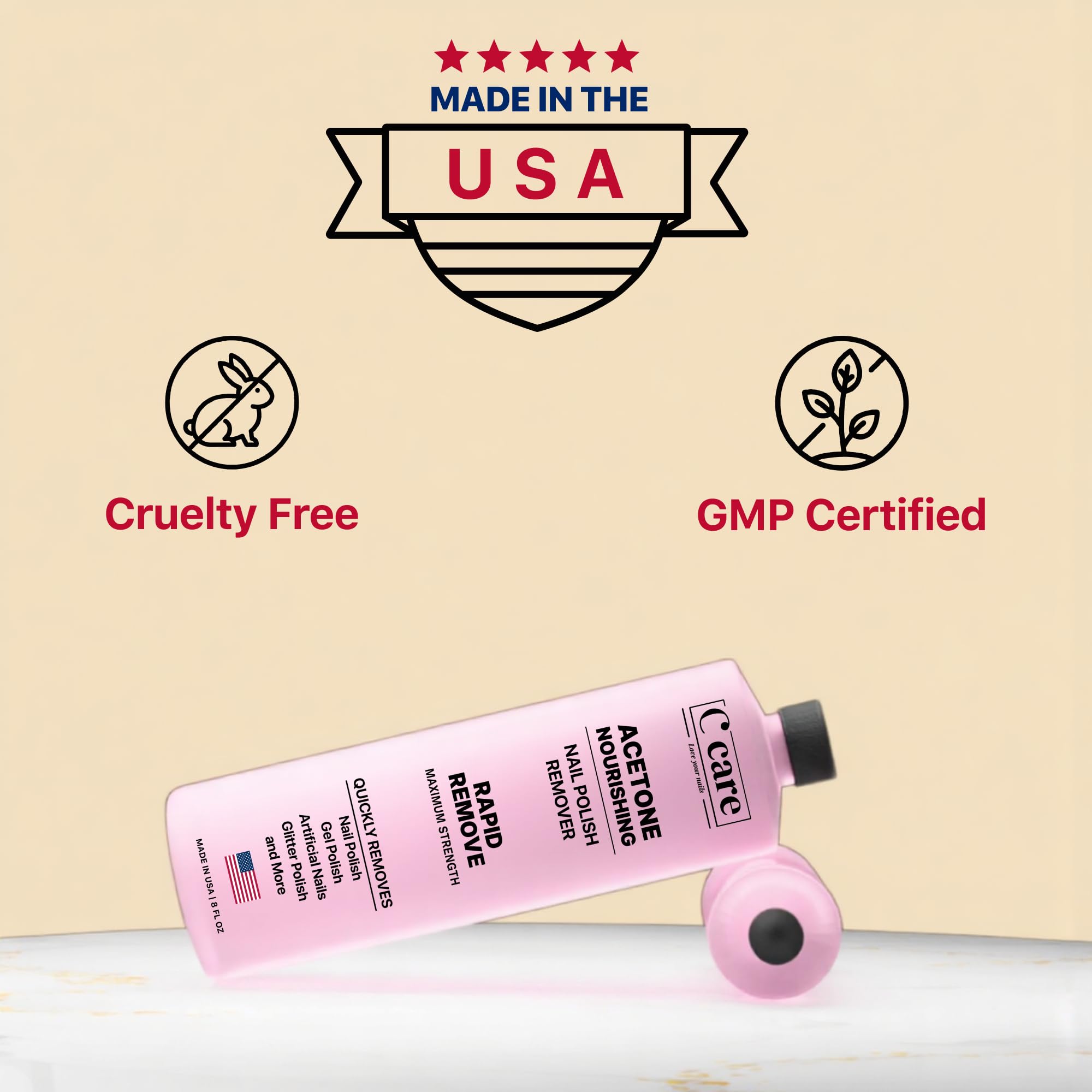 C CARE Nourishing Acetone Nail Polish Remover bottle with label detail emphasizing 8 oz size.