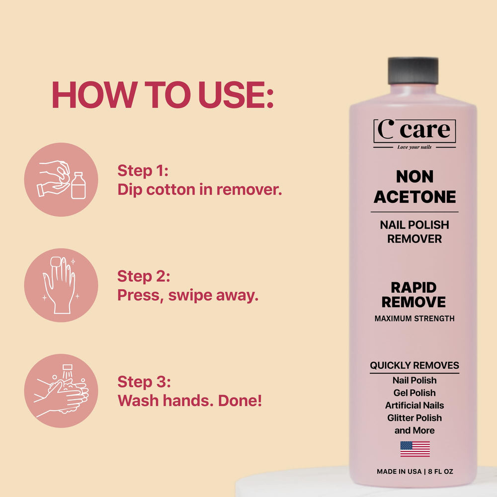 C CARE Nourishing Acetone Nail Polish Remover at a manicure station for salon-quality prep.