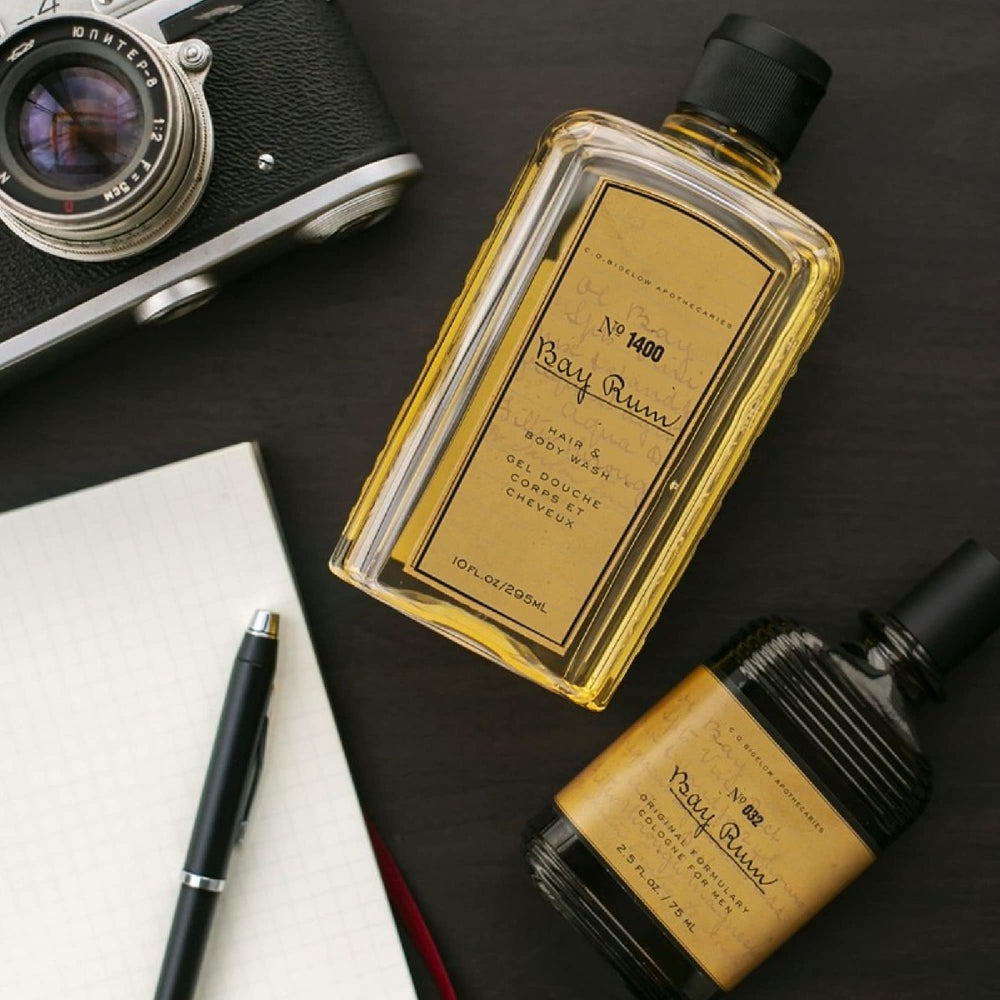 C.O. Bigelow Bay Rum Cologne amber glass conveys luxury and a warm, inviting aroma.