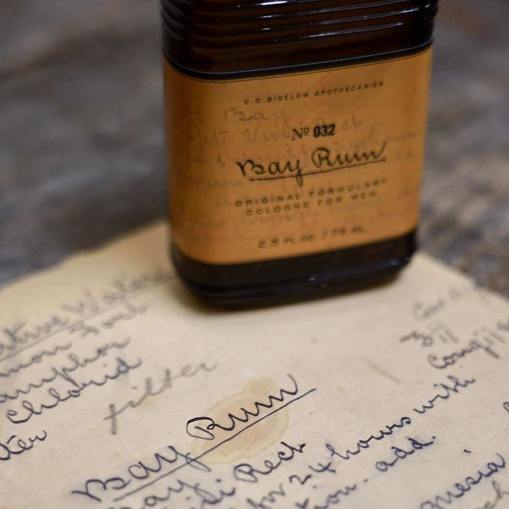 C.O. Bigelow Bay Rum Cologne cap detail hints at precise application and lasting wear.