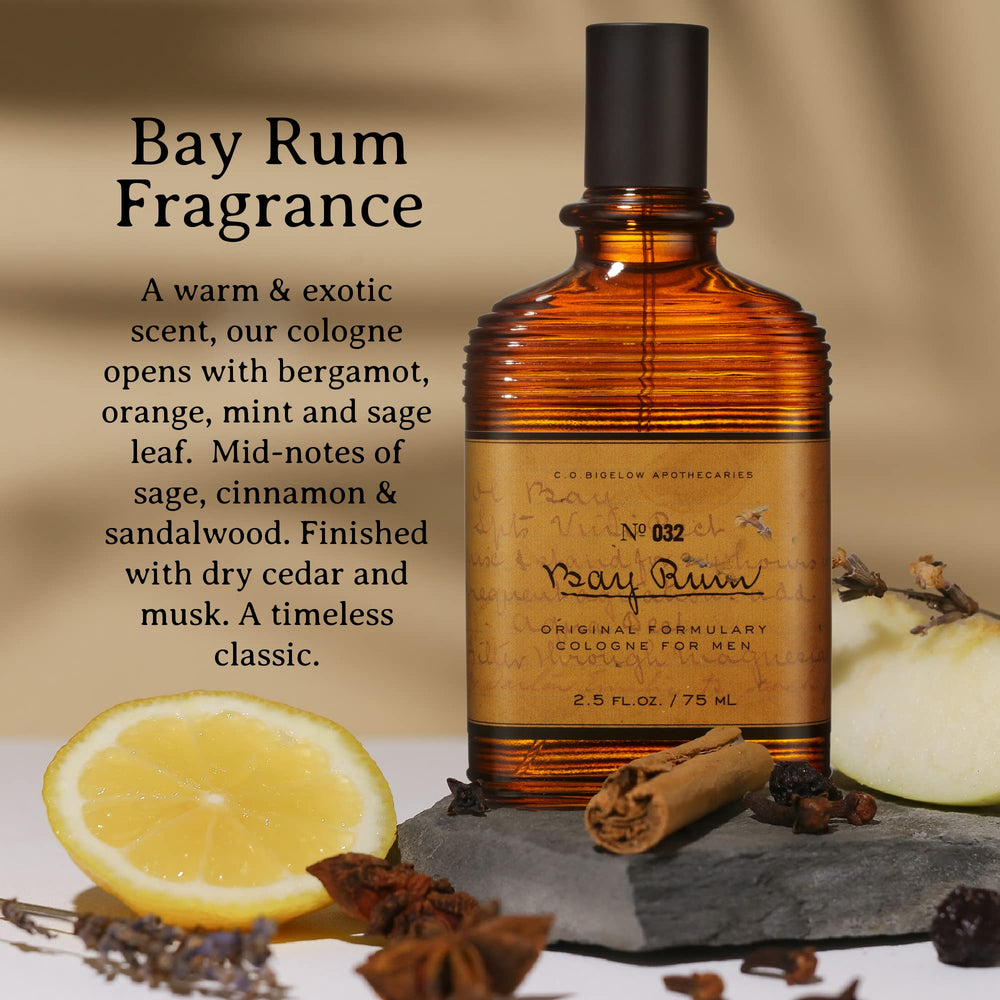 C.O. Bigelow Bay Rum Cologne glass bottle closeup emphasizes timeless design on any dresser.