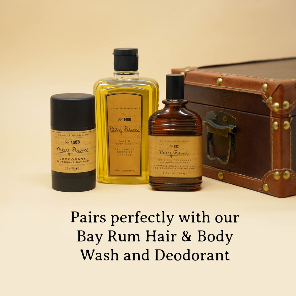 C.O. Bigelow Bay Rum Cologne label detail showcases the elegant branding and premium packaging.