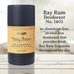 C.O. Bigelow Bay Rum deodorant gel-stick offers a quick, residue-free glide for all-day confidence.