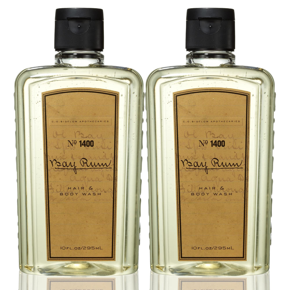 C.O. Bigelow Bay Rum hair and body wash bottle enabling easy 2-in-1 cleansing.