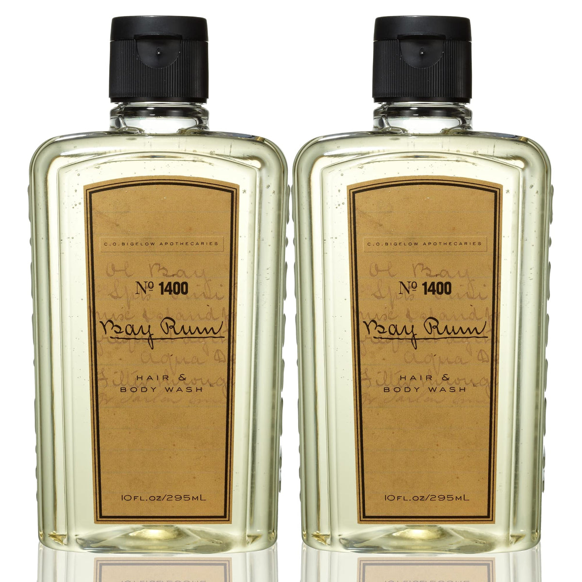 C.O. Bigelow Bay Rum hair and body wash bottle enabling easy 2-in-1 cleansing.