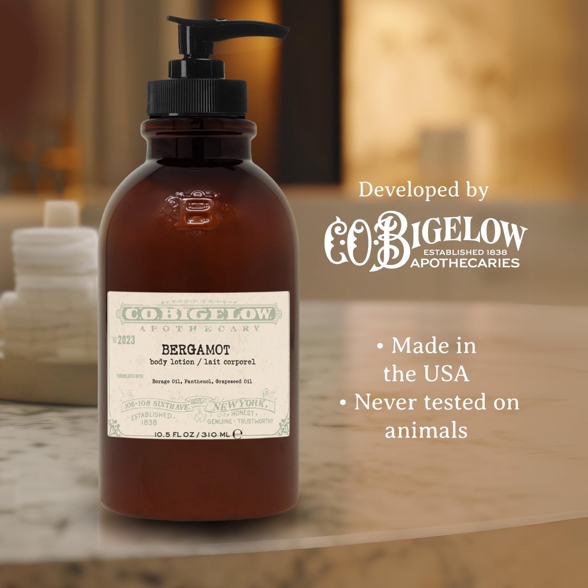 C.O. Bigelow Bergamot Body Lotion label close-up with premium ingredients.