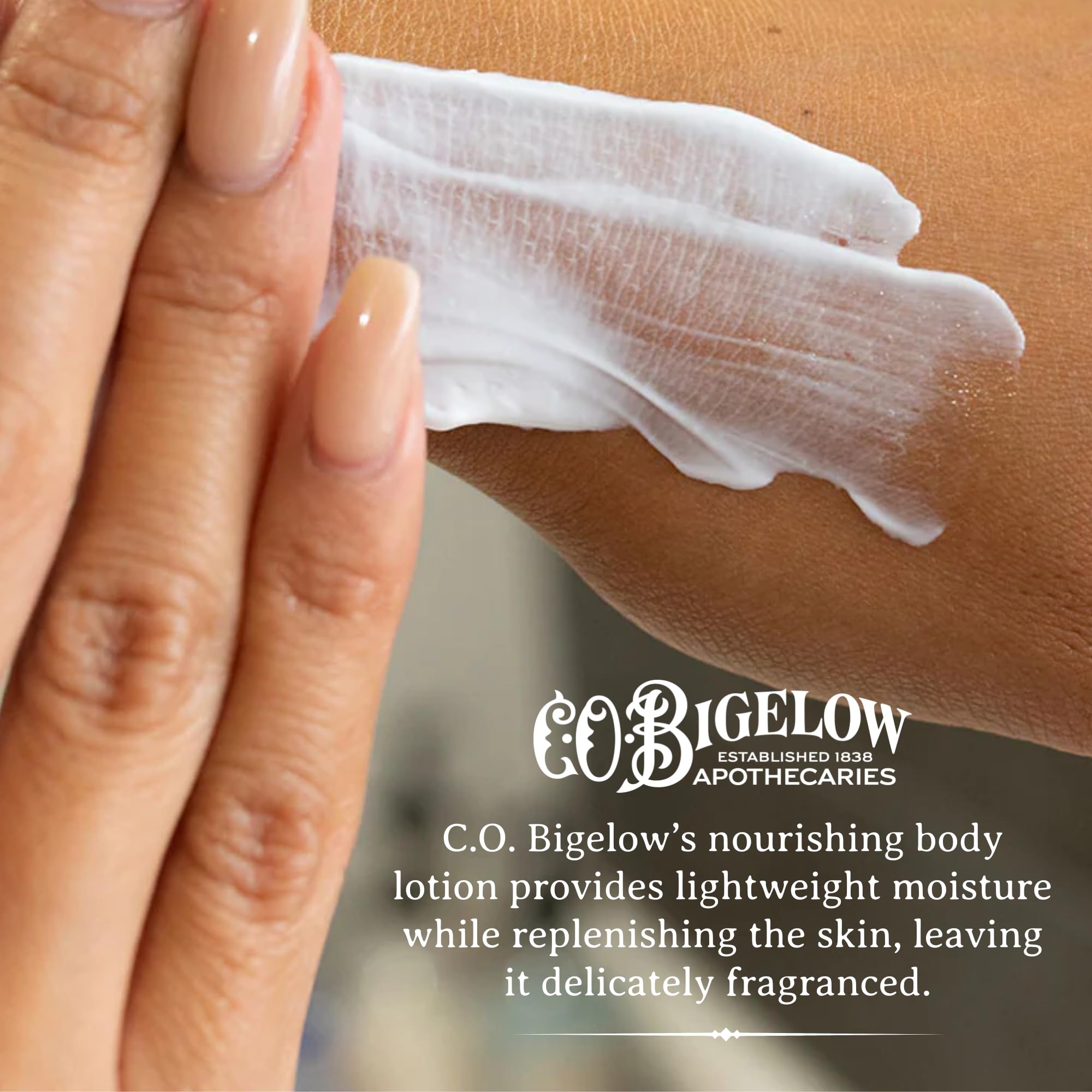C.O. Bigelow Bergamot Body Lotion texture close-up showing quick absorption.