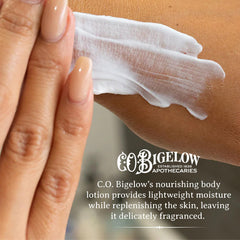 C.O. Bigelow Bergamot Body Lotion texture close-up showing quick absorption.