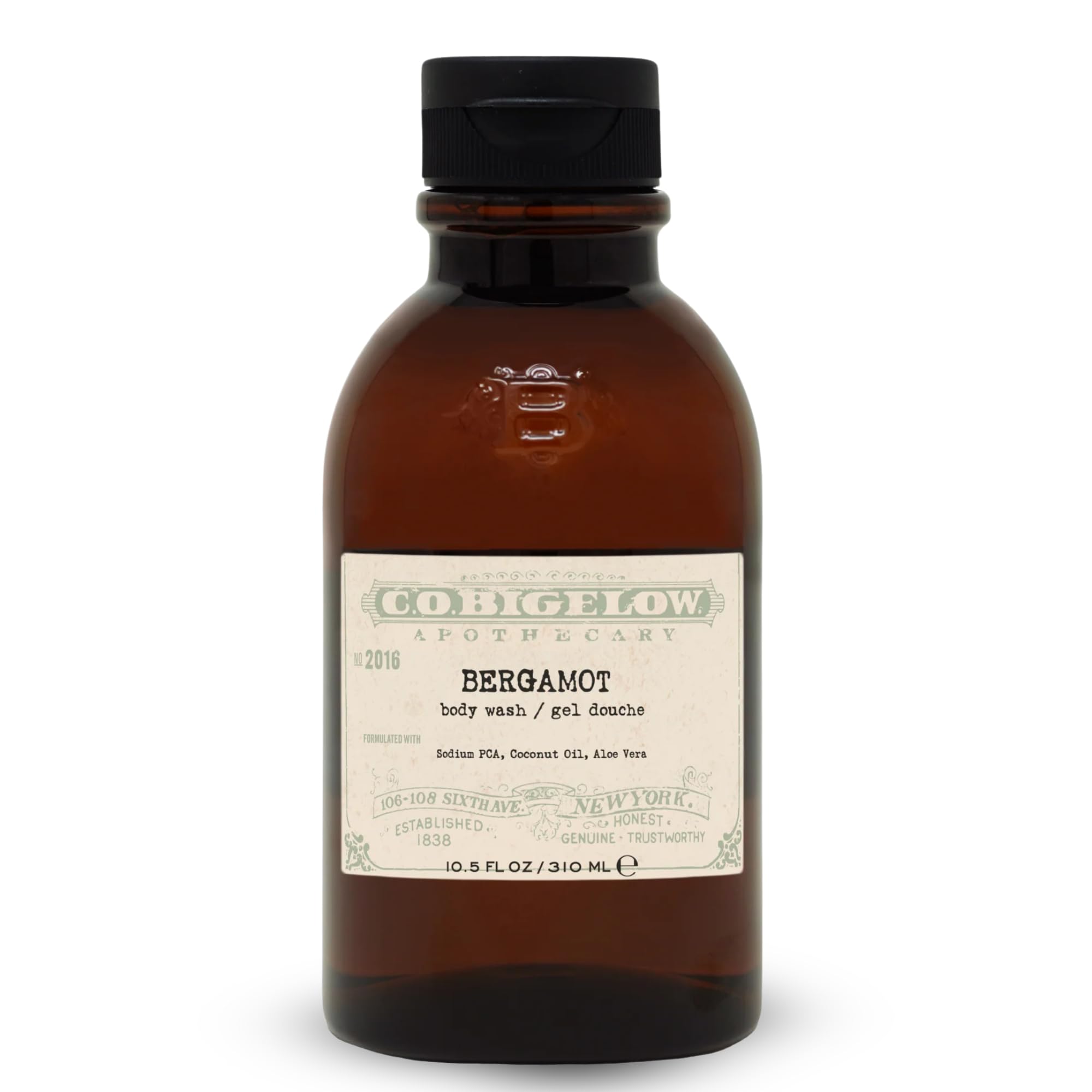 C.O. Bigelow Bergamot Body Wash bottle front with moisturizing formula for hydrated skin.