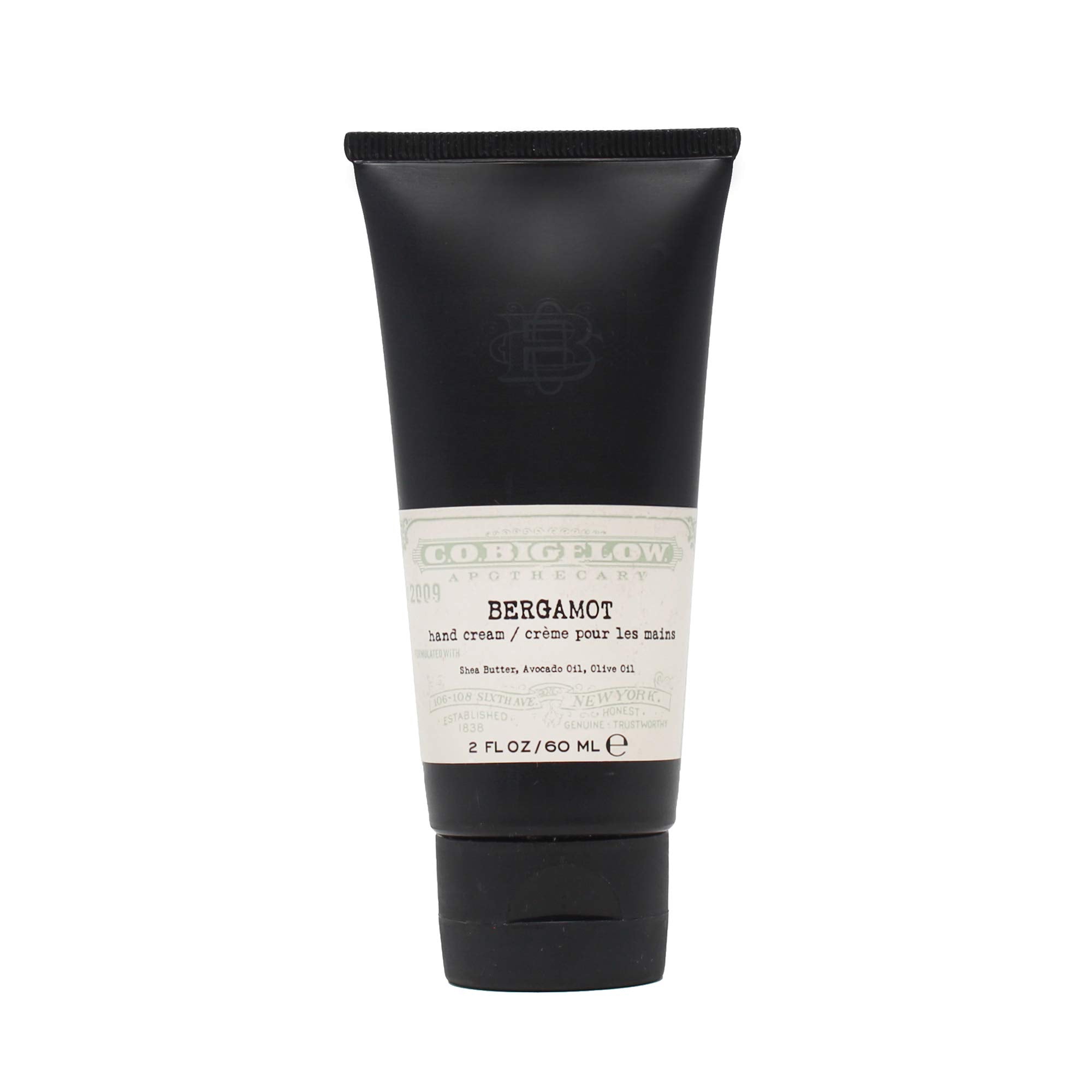 C. O. Bigelow Bergamot Hand Cream bottle close-up highlighting moisturizing formula.