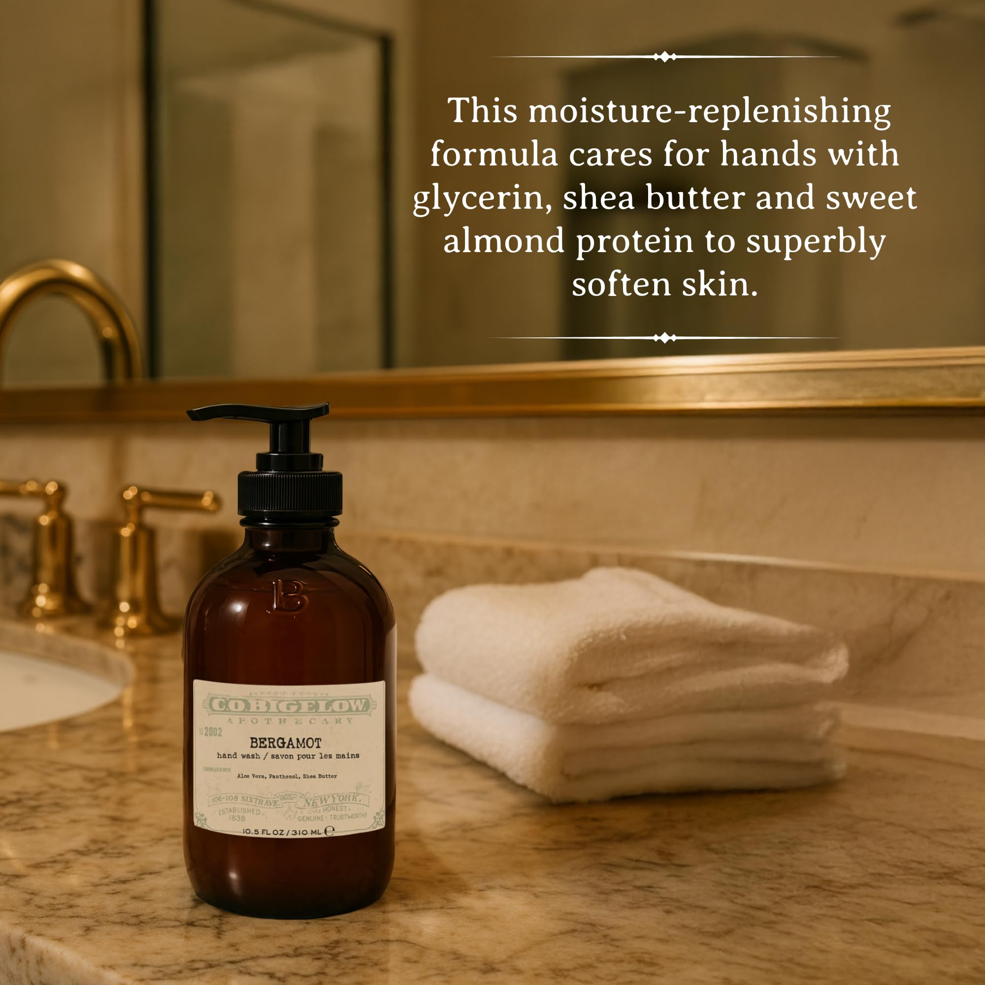 C.O. Bigelow Bergamot Hand Wash rich lather foams on hands for thorough cleansing.