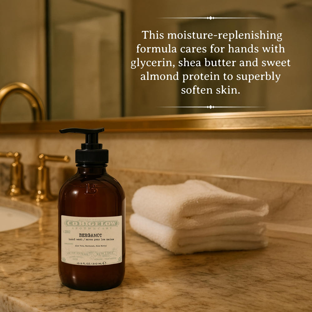 C.O. Bigelow Bergamot Hand Wash rich lather foams on hands for thorough cleansing.
