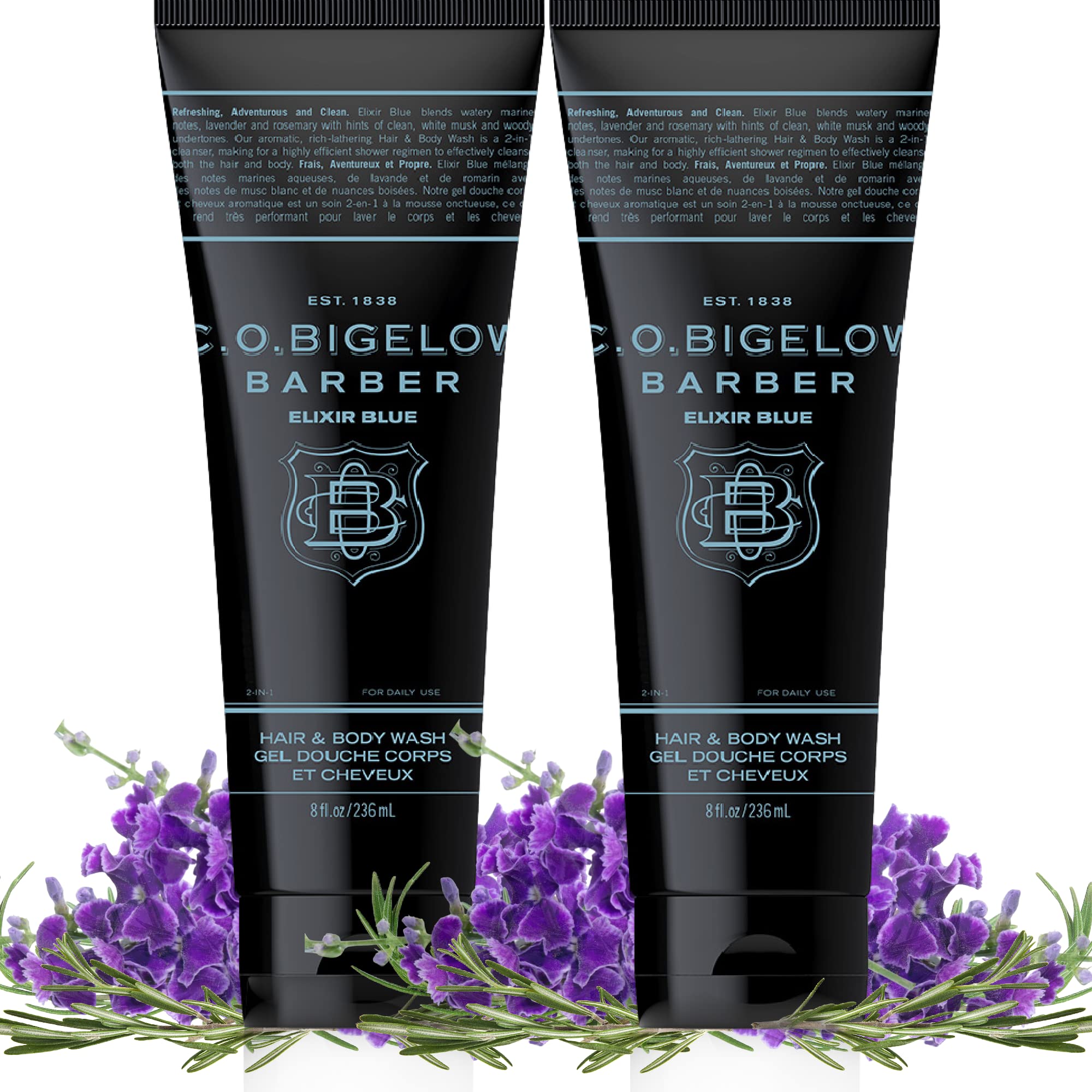 C.O. Bigelow Elixir Blue bottle angled view emphasizes 2-in-1 grooming