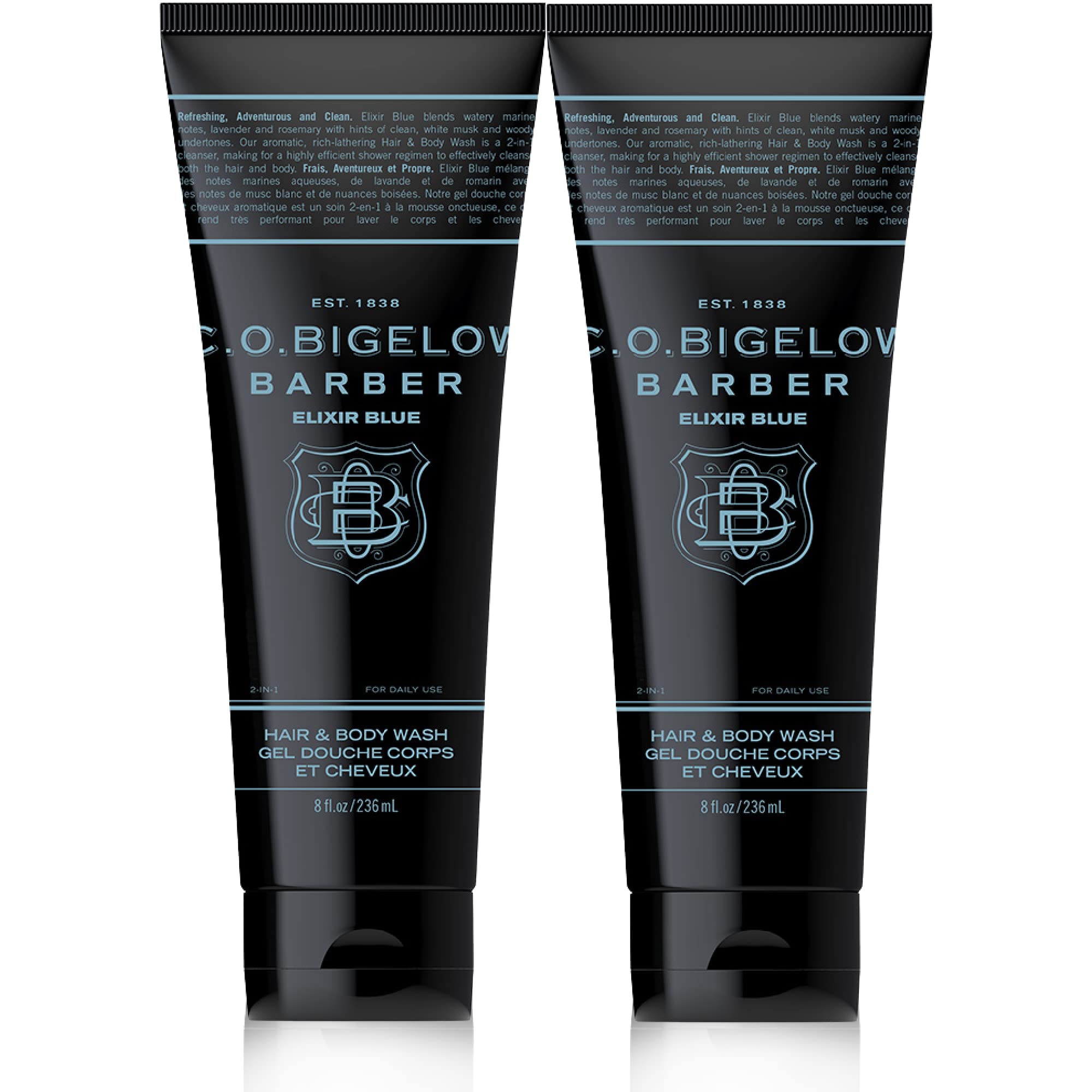 C.O. Bigelow Elixir Blue bottle front for quick, convenient showers