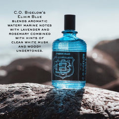 C.O. Bigelow Elixir Blue bottle cap closeup highlights crisp notes for evenings.