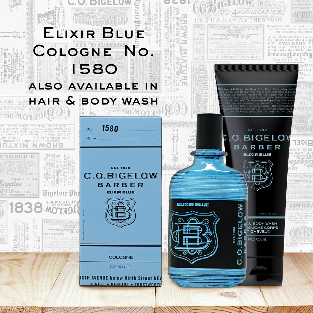 C.O. Bigelow Elixir Blue vanity display emphasizes modern, long-lasting fragrance.