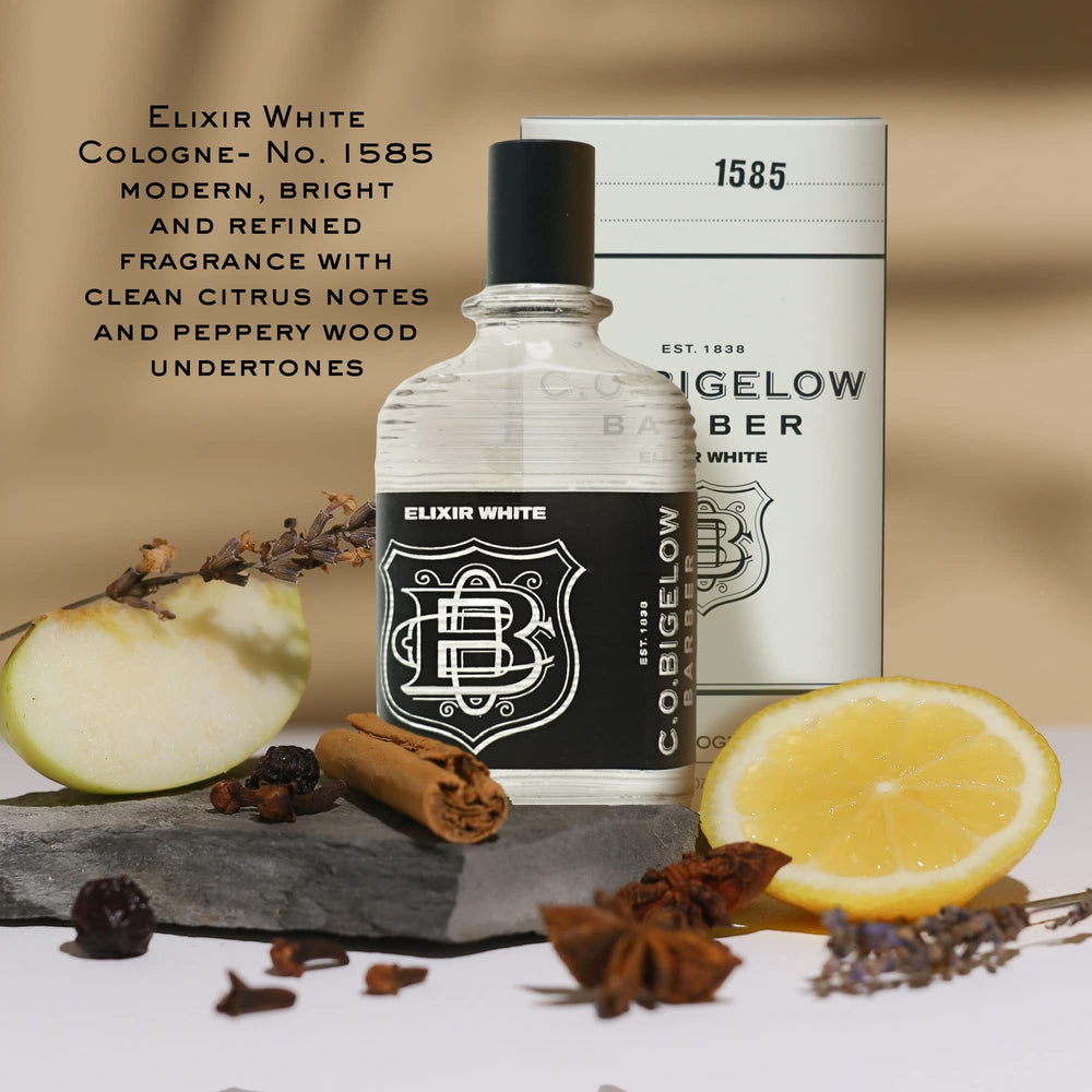C.O. Bigelow Elixir White bottle side view highlights balanced proportions for versatile wear.