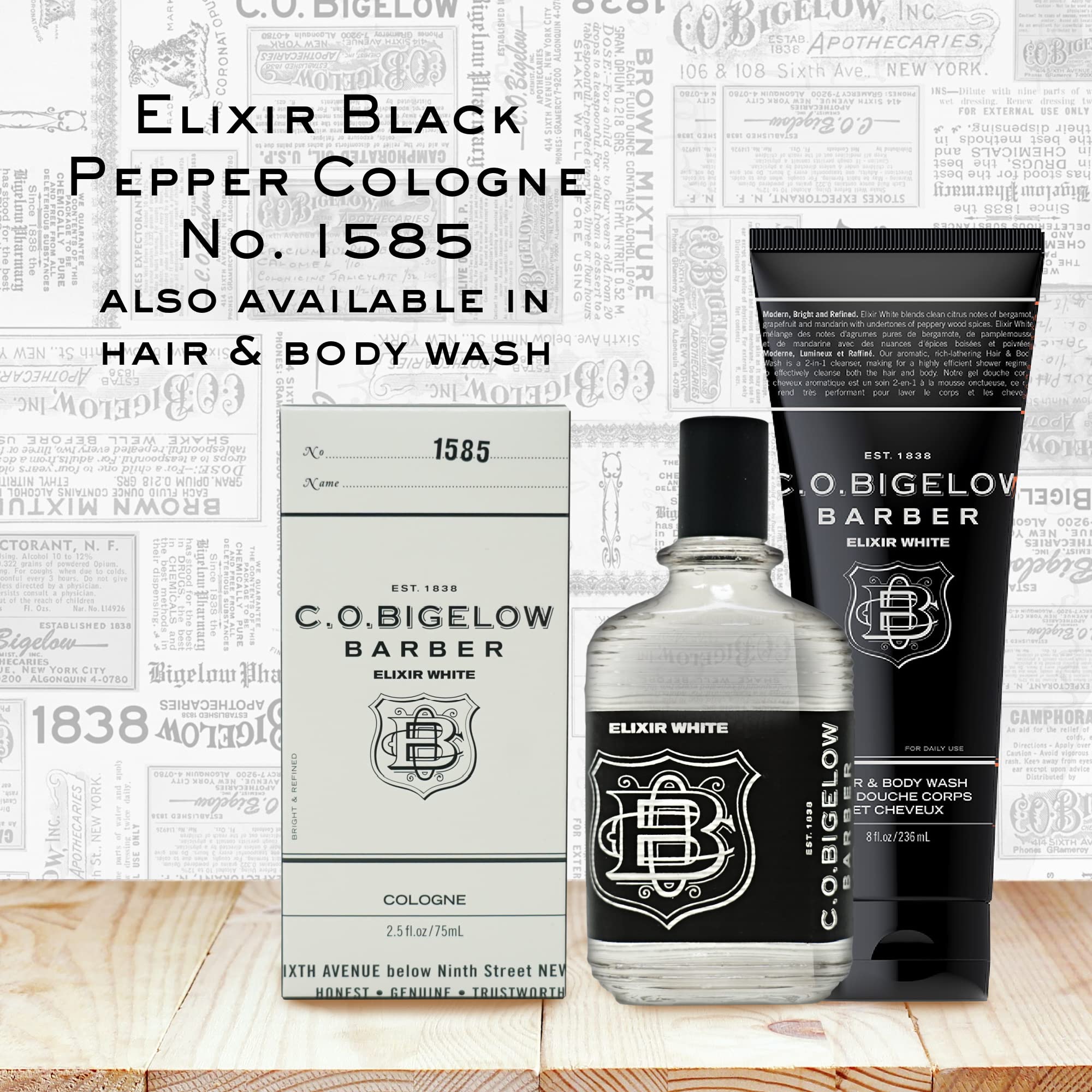 C.O. Bigelow Elixir White lifestyle shot suggests confident evening or casual wear.