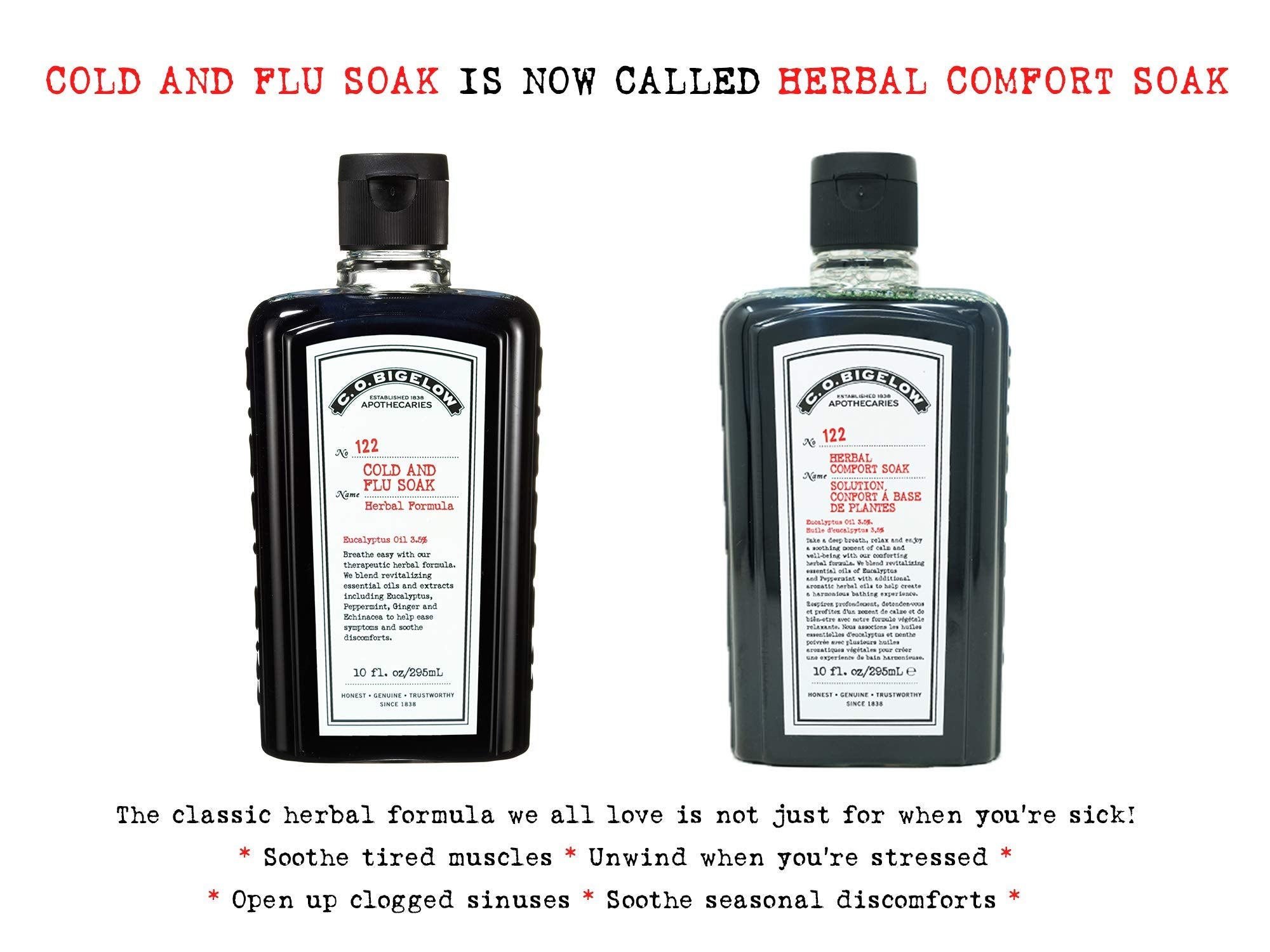 C.O. Bigelow Herbal Comfort Soak label highlights clean formula and essential oils